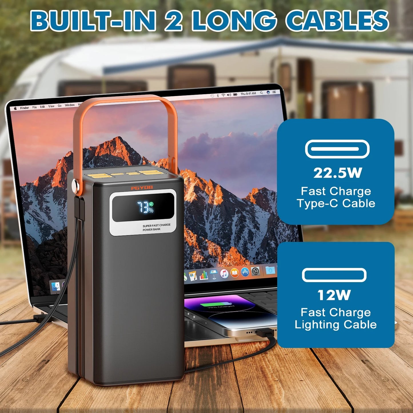 27000Mah Portable Charger Power Bank with Built-In Cables, 22.5W PD Fast Charge & Solar Input, 99Wh for Iphone Android Home Camping Emergency