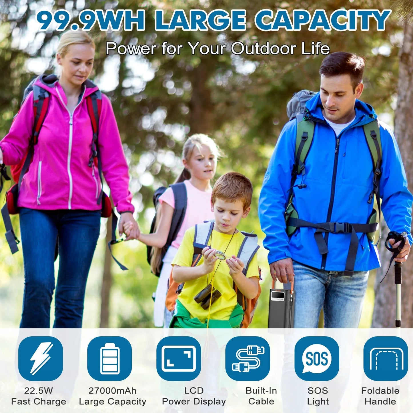27000Mah Portable Charger Power Bank with Built-In Cables, 22.5W PD Fast Charge & Solar Input,  99Wh for Iphone Android Home Camping Emergency