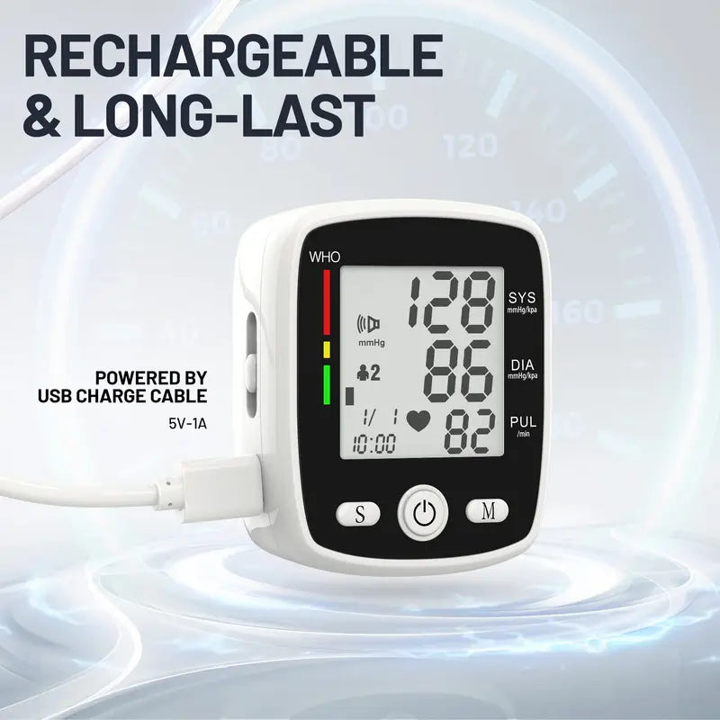 Portable Rechargeable Digital Blood Pressure Monitor with LCD Display, 2 X 99 Readings Memory for Home & Health Monitoring (Built-In Lithium Battery)