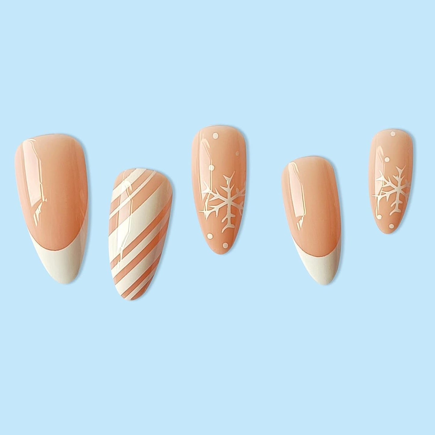 24 Pcs Snowflake Fake Nails Medium with White Nail Tips Designs, Almond Shaped Christmas Press on Nails Glossy Full Cover Glue on Nails with White Snowflakes Design for Women Girls