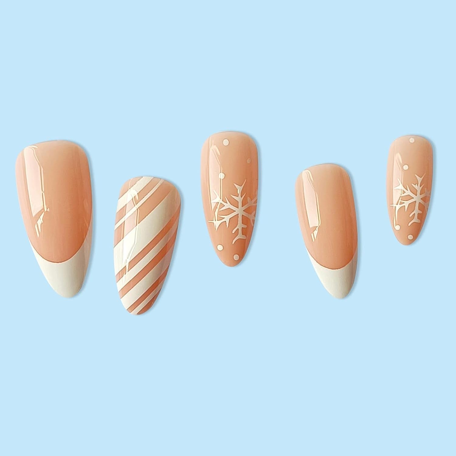 24 Pcs Snowflake Fake Nails Medium with White Nail Tips Designs, Almond Shaped Christmas Press on Nails Glossy Full Cover Glue on Nails with White Snowflakes Design for Women Girls