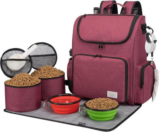 Dog Travel Bag Backpack, Airline Approved Pet Accessories Organizer for Dog and Cat with Shoulder Strap, 2 Dog Food Storage Containers, 2 Collapsible Dog Bowls,1 Pet Mat, Rose Red